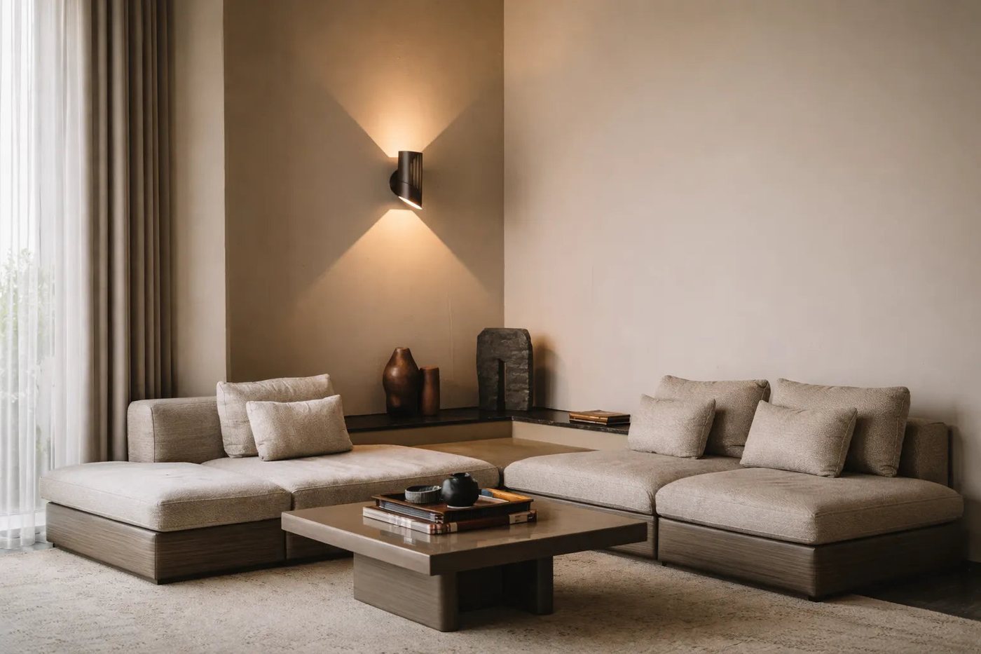 Modern living room corner styled with an armchair, artwork, woven basket and plants
