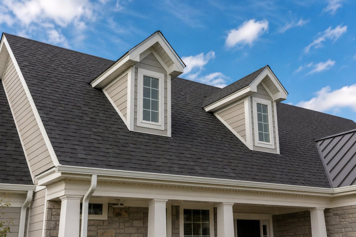 Freshly installed architectural shingle roof on a suburban home